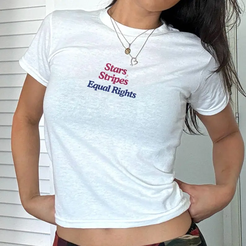 Stars Stripes Equal Rights Baby Tee Y2K Crop Top, Funny 4th of July Tee, Patriotic Y2k Coquette Shirt, Red White Blue Summer Tee,4th Of July