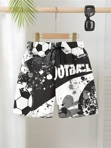 Boys' Football Gym Shorts, Quick-Dry Letter Print, School Daily Beach Casual Pants, Youth Athletic Wear