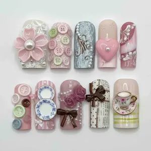 Vintage Tea Party Press On Nails  3D Flowers Buttons Bows And Teacup Sweet Cottage Vibes
