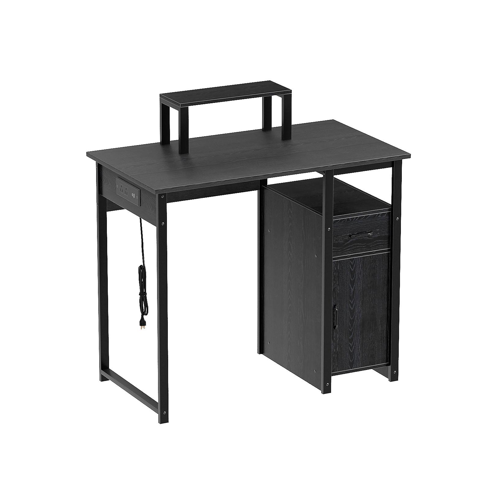 Computer Desk with Power Outlets and Monitor Stand, Small Home Office Desk with Storage Drawer & Cabinet, Compact Study Writing Desk PC Workstation for Small Spaces