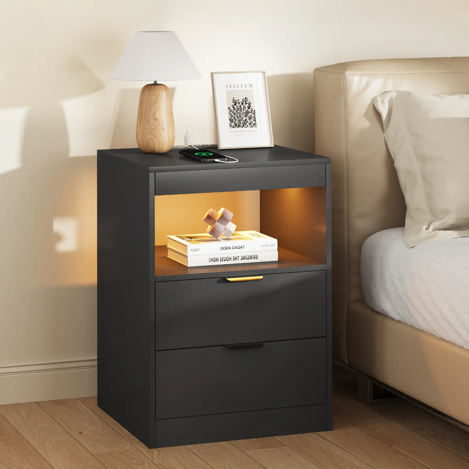 ADORNEVE Wooden LED Smart Nightstand with Wireless Charger - Multi-Function Overbed Bedside Table, 2 Drawers, Pull-Out Shelf, Dual-Use Flat-Top for Bedroom Indoor Furniture,dorm essentials,home decor
