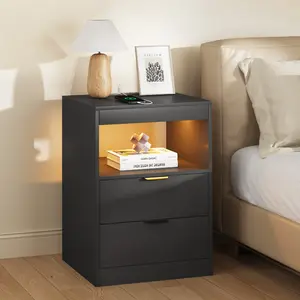 ADORNEVE LED Nightstand with Wireless Charging Station and 2 Drawers Wooden Sofa Bedside Table with Pull-Out Shelf