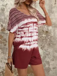 Ethnic Style Patchwork Tie-Dye Set, Loose-Fit Two-Piece, Short Sleeve Shorts Set, Spring Summer Versatile Wear, Womenswear