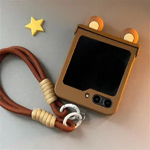 Cute 3D Bear Ears Brown Phone Case with Hand Strap for Samsung Galaxy Z Flip 7 Z Flip6 ZFlip 5  Cover ,Case for Motorola Funda