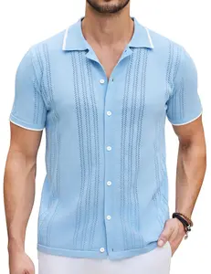 COOFANDY Men's Knit Button Down Shirt Vintage Short Sleeve Polo Shirts Casual Beach Tops Menswear