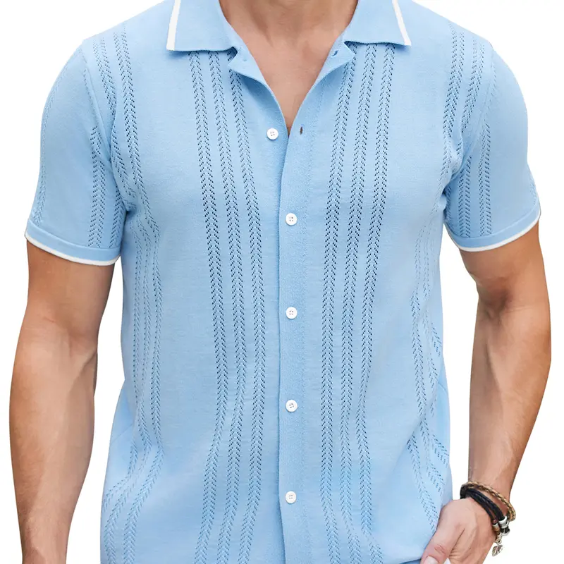 COOFANDY Men's Knit Button Down Shirt Vintage Short Sleeve Polo Shirts Casual Beach Tops Menswear