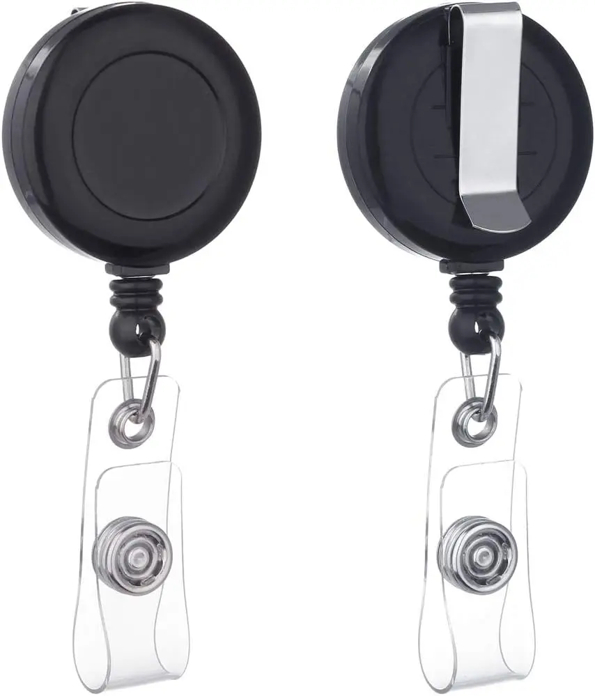 Retractable Badge Reel with Belt Clip & Buckle, 3" x 1.25" ID Name Card Holder for Commercial Workplaces, 2 Pack, 29 Inches (Black)