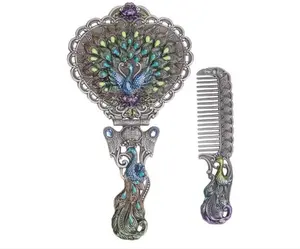 Nerien Vintage Peacock Metal Mirror Comb Set Antique Heart-shaped Handheld Vanity Mirror Comb Set Antique pewter