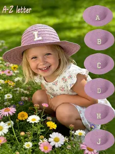 A-Z Letter Kids Straw Hat for 3-8Y Girls, Baby Purple Wide Brim Sun Protection Beach Hat, Toddler Custom Initials UV Block Fisherman Cap, Cute Purple Kids Sun Hat