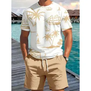 2pcs Set of Men's Casual Round Neck Short Sleeve T-shirt and Elastic Waist Shorts Clothes Fabric Menswear Polyester
