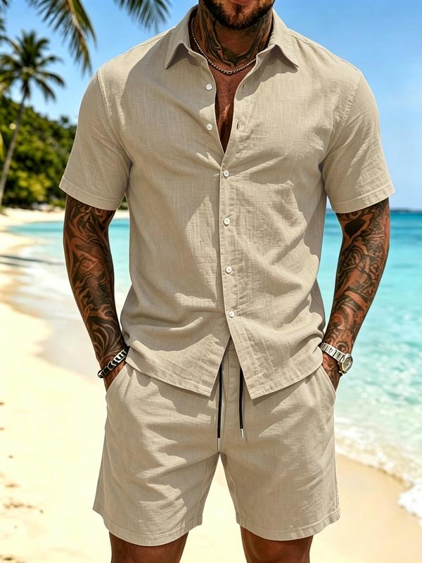 Men's Solid Color 2-Piece Summer Vacation Set - Button-Up Short-Sleeved Shirt & Casual Shorts, Suitable for Resorts & Travel