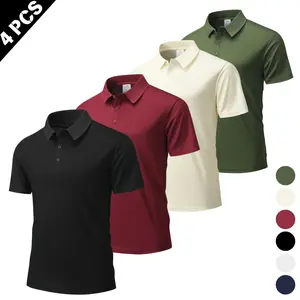 Men’s 4-Pack Stylish Plain Polo Shirts - Classic Turn-Down Collar Short-Sleeve Conservative Preppy Open-Collared Tops, Black + Burgundy + Beige + Army Green Polo Shirt Outfit for Business Casual Sports