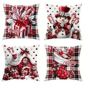 2025 Festive 4pcs Christmas Merry Snowman Candy Cane Buffalo Plaid Polyester Throw Pillow Covers, Gift - 18" X 18" - Cozy Soft Decorative Pillow Cover With Single Side Print - Perfect For Christmas Winter Home Decor, No Insert
