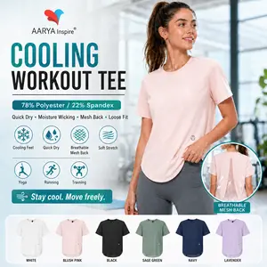 AARYA Women's 852 Plain Polyester Blend Cooling Workout Tee, Short Sleeve Loose Fitting Activewear, Quick Dry Moisture Wicking Mesh Back Tee, Standard Sizes for Yoga, Running - Womenswear