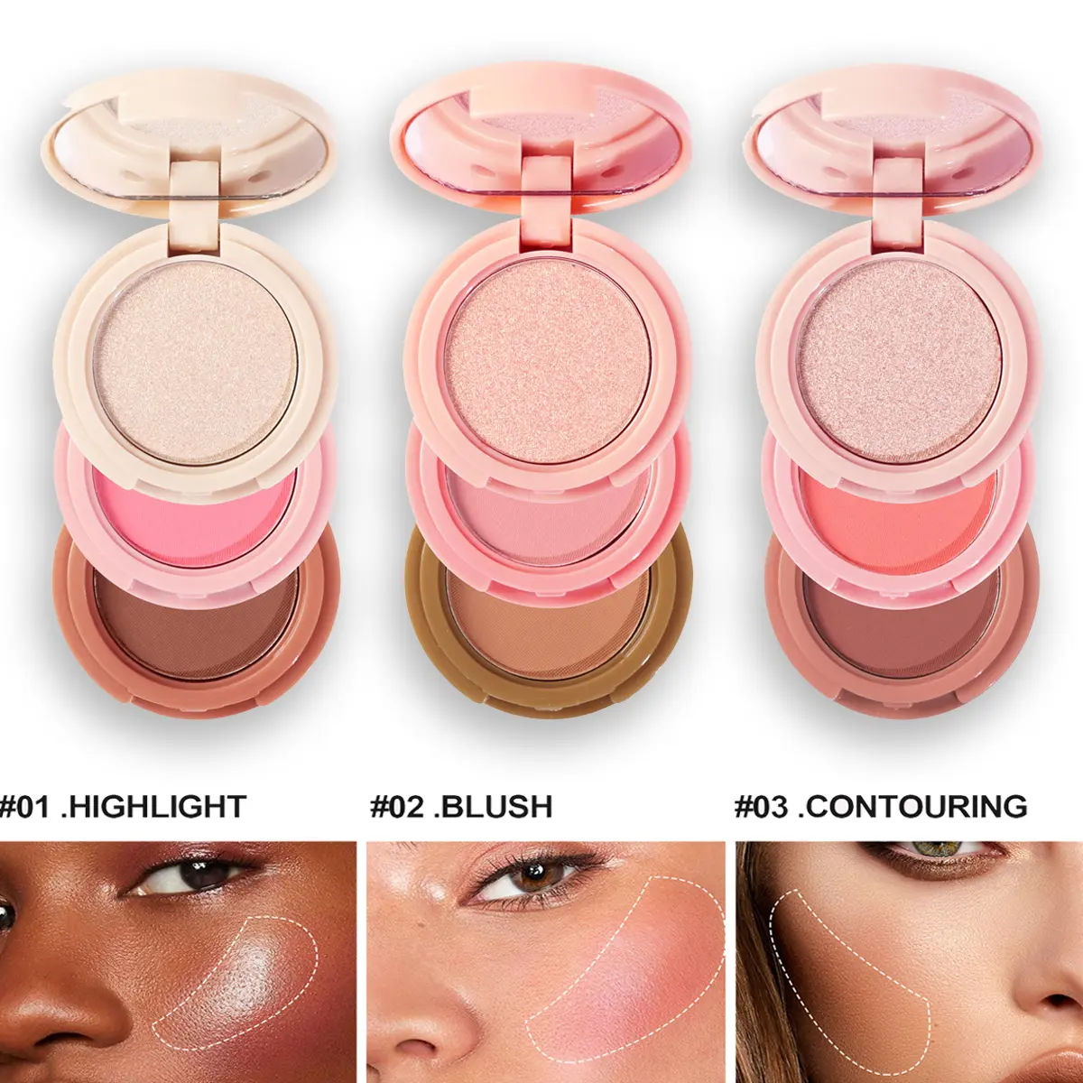 Highlighter and Contour Powder Palette, Triple Shade Matte Face Makeup with Buildable Coverage and Smooth Blend Texture, Daily Beauty Set for Sculpted Look
