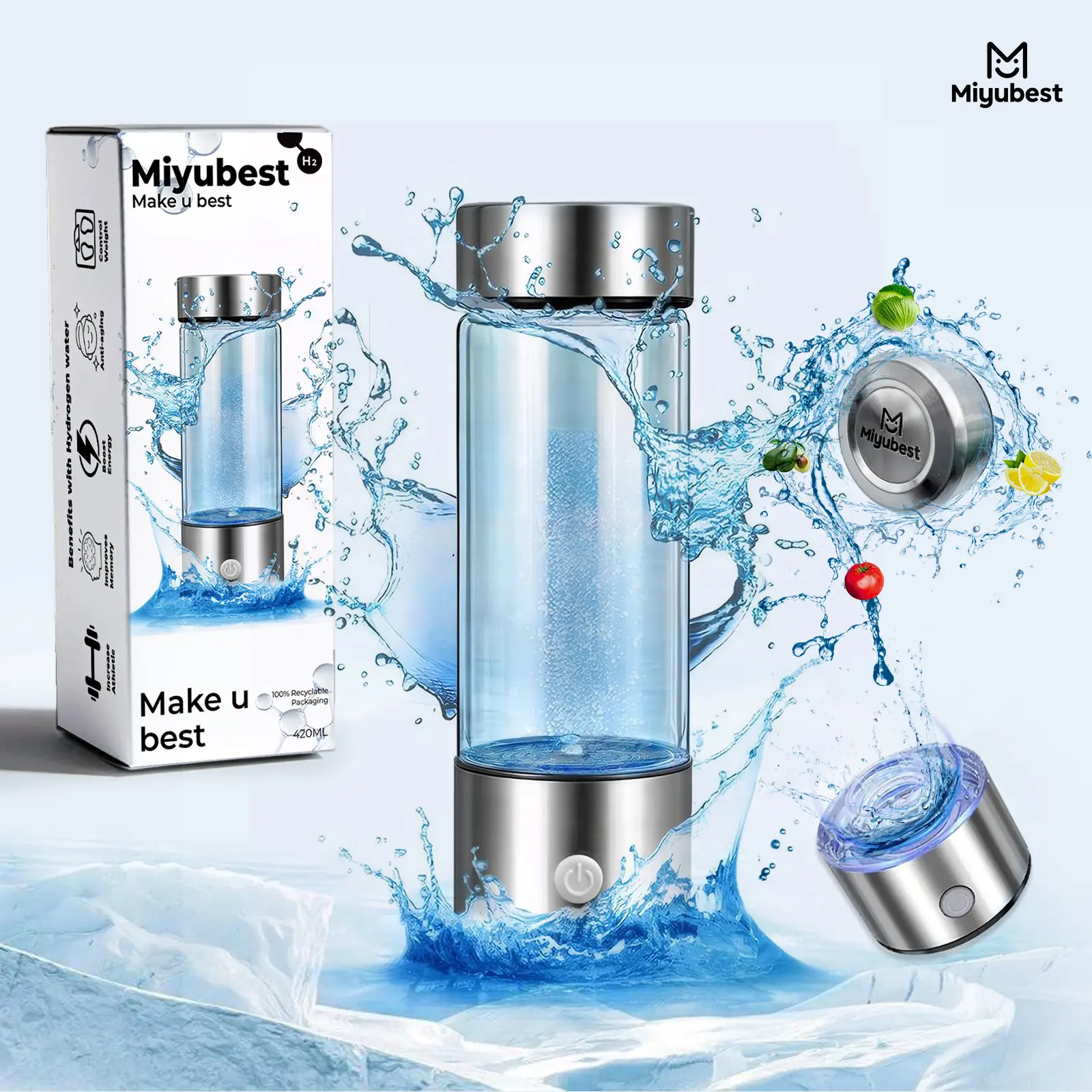Miyubest 2025 New Hydrogen Water Generator Bottle Portable SPE PEM Technology 420ml Rechargeable Ionizer for Home Office Travel High Concentration Antioxidant Protection Drinkware