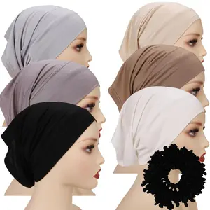 Wide Brim Muslim Hijab Bonnets 7pcs Set - Polyester Knit Turban Caps with Elastic, Moisture-Wicking, Fitted, 1 Large Scrunchie, Viscose - All Seasons Religious Headwear for Ramadan