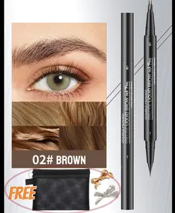 WakeAngel Waterproof Dual-Ended Brow Pen 02# Brown - Smudge-Proof Micro-Fork Technology Makeup Cosmetic for Precision Application