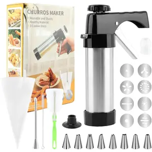 Stainless Steel Professional Churro Maker Machine with 8 Decorating Tips 8 Discs Piping Bag Churro Filler for Hollow Churro Black+silver