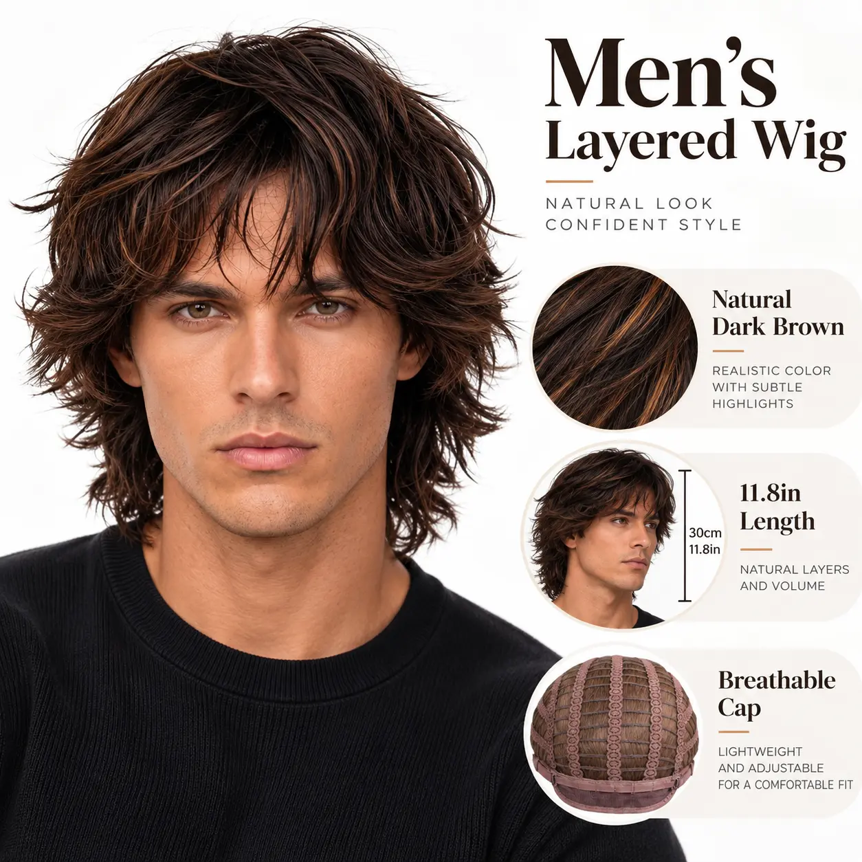 Men’s Wolf Cut Wig, Brown Black Highlighted Medium Layered Mullet Wig with Bangs, Fluffy Wavy Synthetic Hair for Cosplay, Halloween, Party & Stage