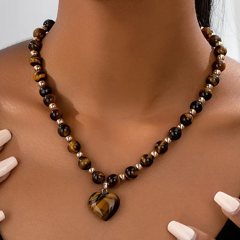 Fashion Tiger Eye Necklace, Natural Stone Heart Pendant, Stylish Jewelry for Women, Unique Design Accessory, Heart Shaped Pendant, Pendants Necklaces