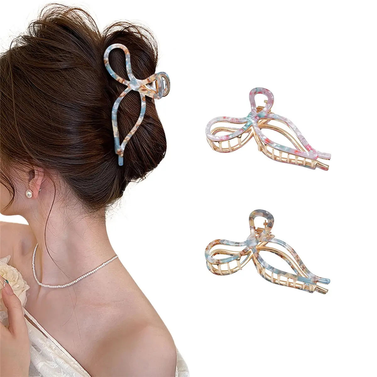Elegant Bow Hair Claw Clip Set for Women, 2-Pack 4.5" Metal Clips with Assorted Patterns, Strong Hold for Thick and Thin Hair, Hair Clip Set
