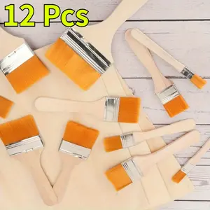 A set of 12 High Quality Nylon Oil Painting Brush For Painting Art Easy To Clean Wooden Cleaning Brush - Home Improvement.