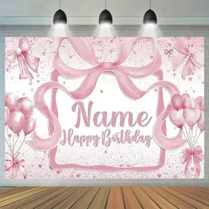 (Custom Name)1pc Personalized Custom Name Birthday Banner - Pink Bow Ribbon & Balloons Design, 90.5x70.8 Inch Polyester Party Backdrop for Birthdays, Thanksgiving, Spring Parties, Room Decor, Birthday Party Deco