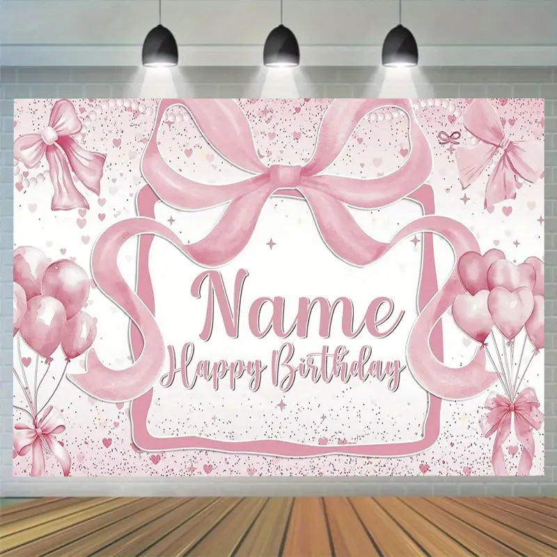 Personalized Polyester Birthday Banner - 1pc Custom Name, Pink Bow Ribbon, Balloons Design, 90.5x70.8in Party Backdrop, Festive Home & Party Decoration Supplies,summerwins