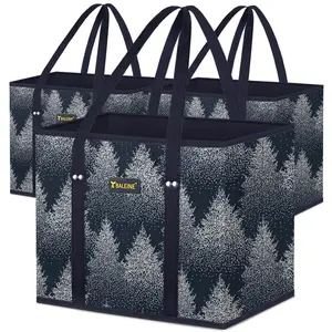 Reusable Grocery Bags 3 Pack, Foldable Large Shopping Tote Bags with Rigid Reinforced Bottom, Extra Long Handles, Water Resistant and Easy to Clean