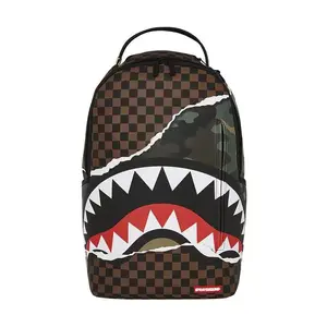 Sprayground Streetwear Backpack - Checkerboard Pattern with Bold Shark Mouth & Camo Accent, Unisex Design for School/Work/Travel - Trendy Durable Daily Use Bag