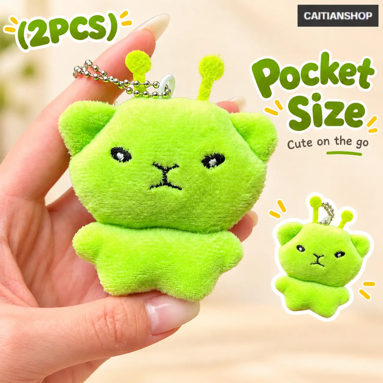 2 Pack Cute Green Lucky Charm Plush Keychains, Pomelo Leaf Inspired Alien Cat Bear Bag Charms, Kawaii Y2K Aesthetic Doll Pendants, Adorable Good Luck Accessories for Backpacks, Handbags, Friendship and Birthday Gifts