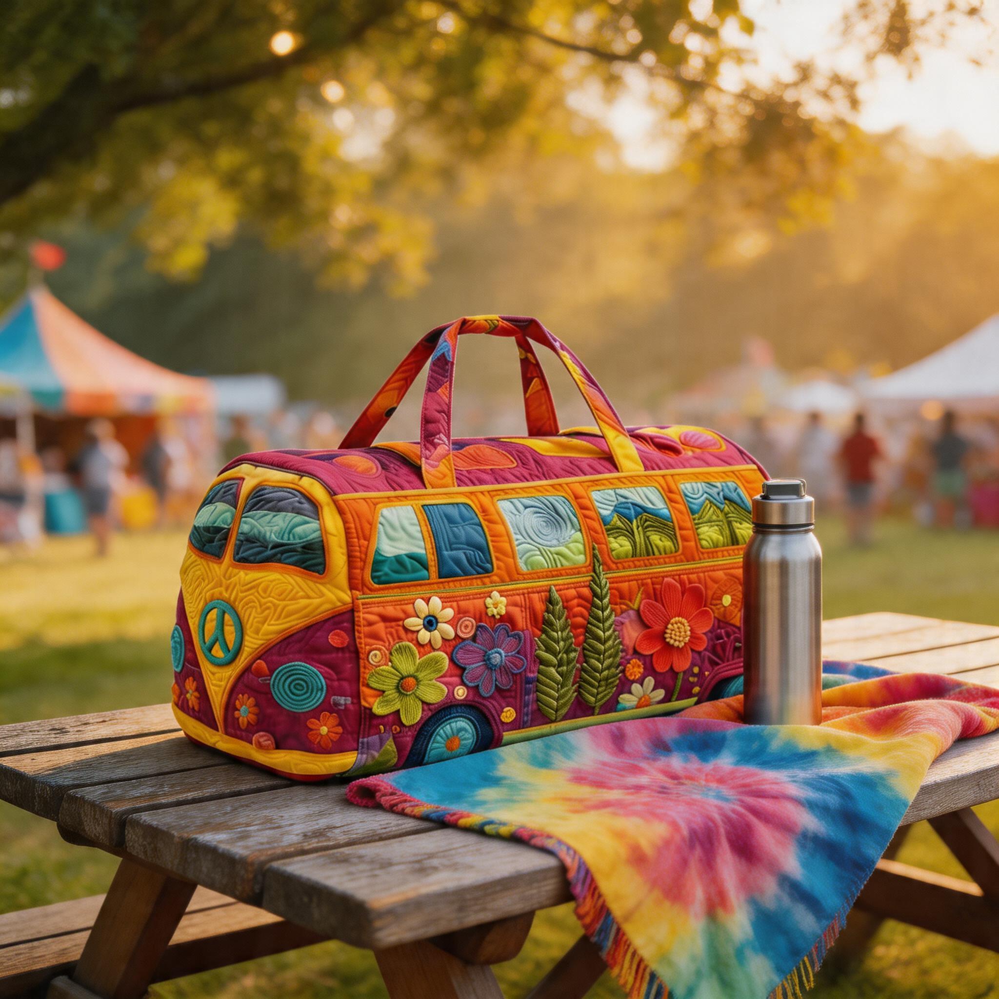 Retro style hippie bus quilted travel bag - Bohemian, high-definition printed bus bag with colorful floral patterns, weekend luggage bag, large capacity fitness bag