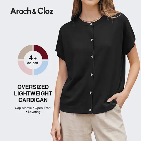 Arach&Cloz 2026 Women's Oversized Lightweight Wool Blend Cardigan Short Sleeve Summer Casual Sweaters Tops SummerVibes
