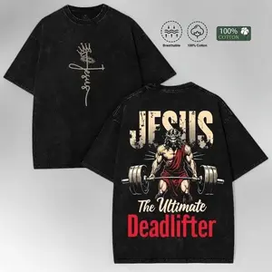 Menswear Short-Sleeve Retro Christian T-Shirt, Jesus The Ultimate Deadlifter Graphic Tee, Vintage Oversized Faith Gym Pump Cover, Unisex Casual Streetwear Top, Summer Outfit Gift men fashion everyday black fits whimsical clothes outdoorfun