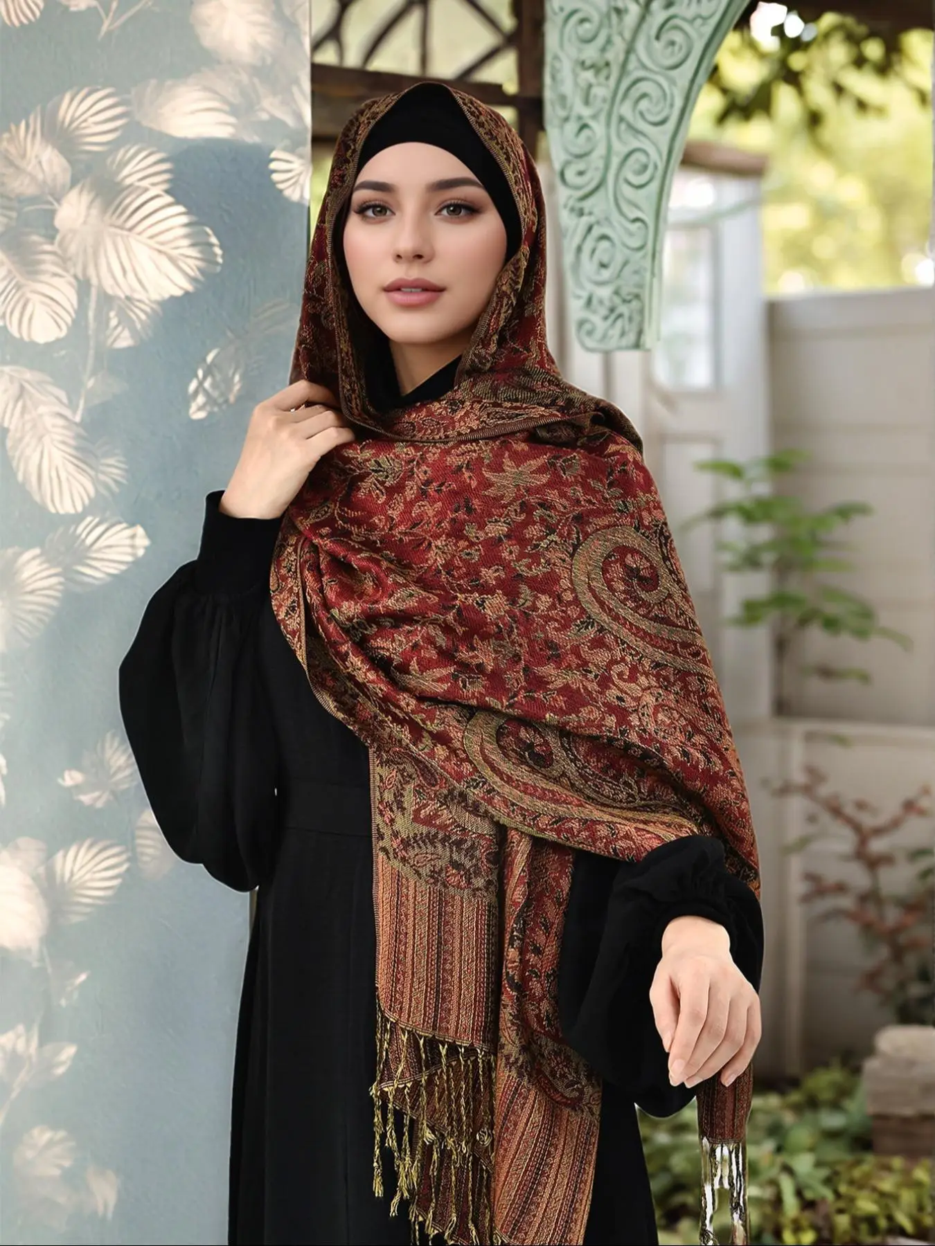 Women's Paisley Print Embroidery Long Scarf, Boho Style Tassel Decor Hijab for Women, Fashionable Muslim Clothing for Daily Wear