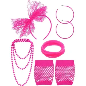 Blulu 80s Costume Accessories for Women Lace Headband Earrings Fishnet Gloves Necklace Bracelet for 80s Retro Party