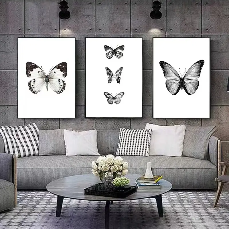3pcs COLORFULBOY Wall Print Oil Painting Black and White Butterfly Nordic Poster Frameless Canvas Painting Animal Hanging Painting Living Room Decoration Painting