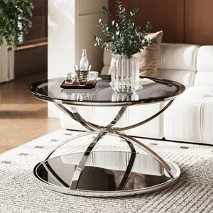31.50'' Modern Glass Coffee Table with 2 Tiers, Ring-Shaped Frames, Chrome Finish and Gray Tempered Glass, Round Coffee Table for Living Room, Bedroom and Office