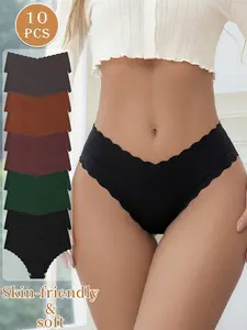 Women's Seamless Comfortable Skin-Friendly Sports Invisible Thong Panties, Slim-Fitting Plain Design, 10-Pack, All Seasons