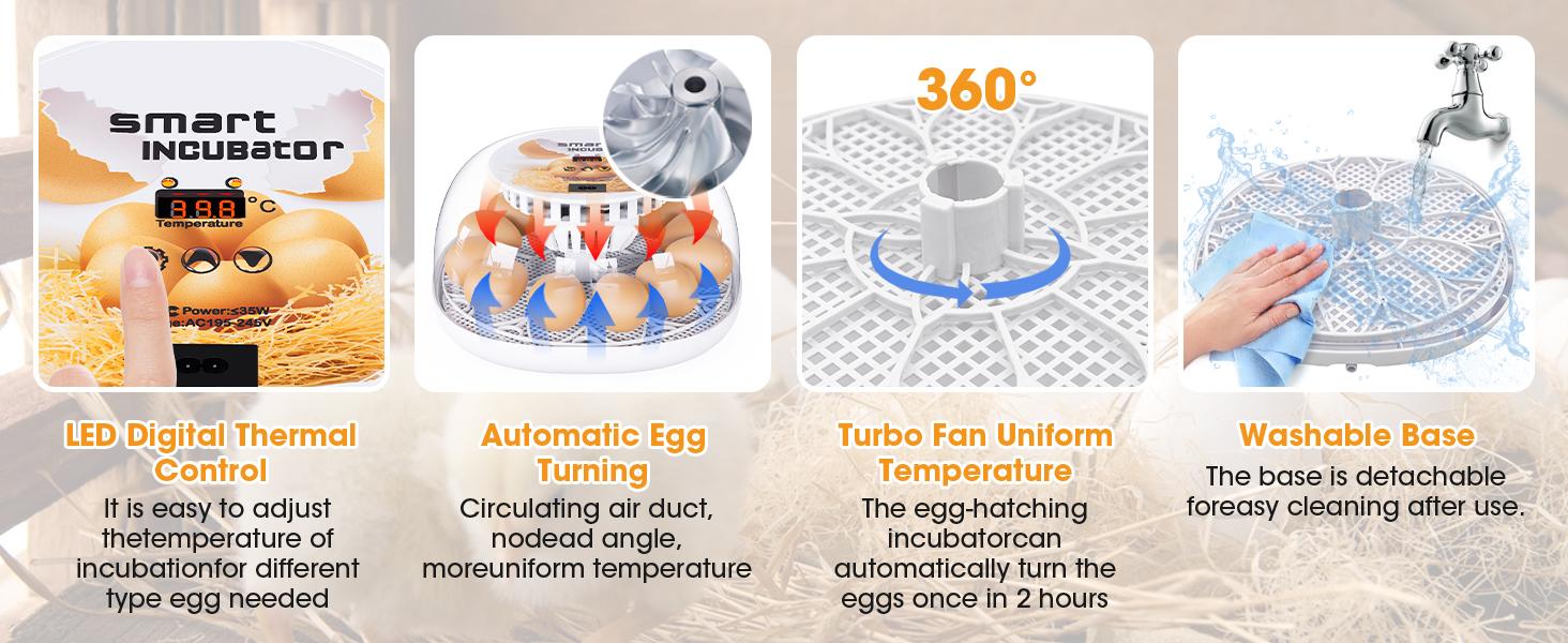 12 Egg Incubator with Automatic Turning and Temperature Control, Automatic Water Adding, LED Egg Candler, for Hatching Chickens, Duck, Quail, Goose Eggs
