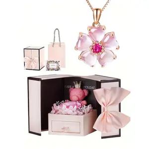 Artificial Gemstone Decorated Pendant Necklace with Gift Box, Elegant Flower Design Necklace for Women for Gift, Fashion All-match Accessories for Daily Wear Mom Christmas Gifts, Valentine's Day, Gift for Her