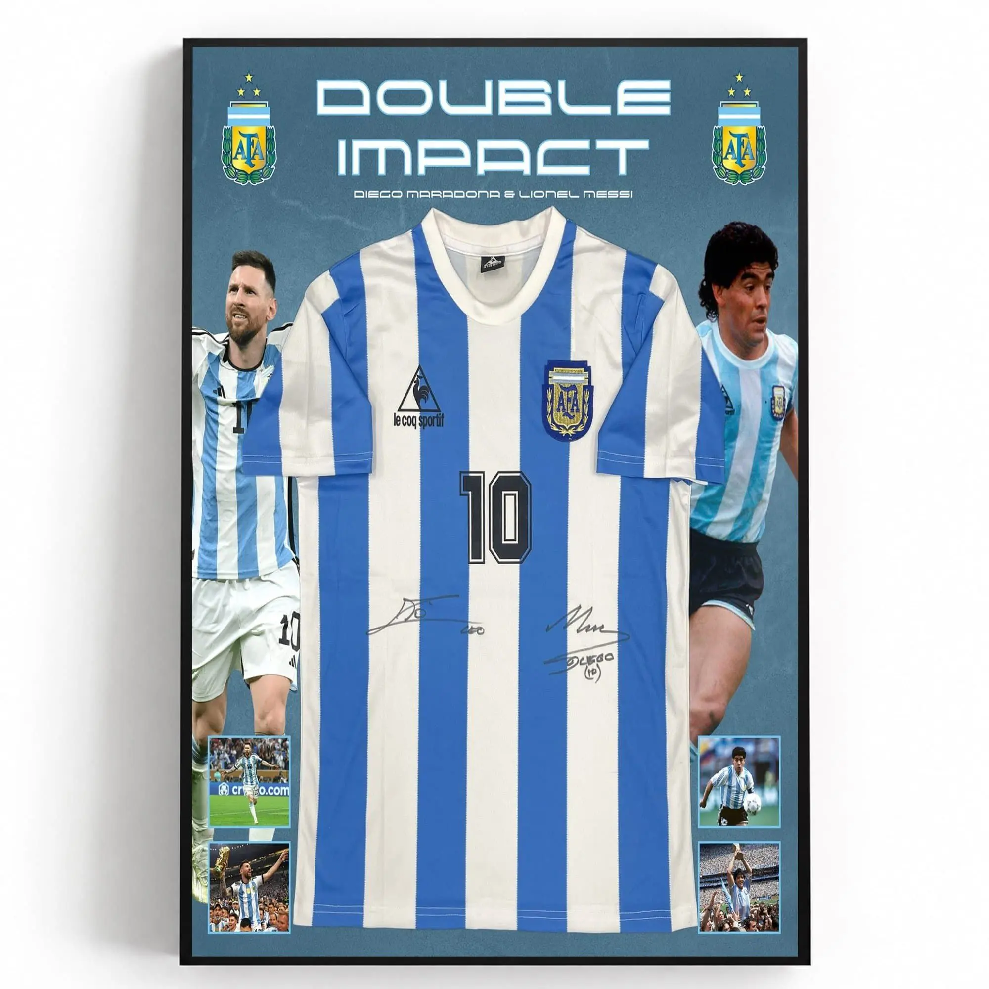 Lionel Messi & Diego Maradona Dual Signed &  Double Impact Argentina Jersey Poster, Fan Gift (Unframed - Print Only )