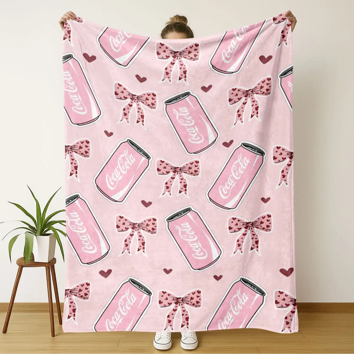 Cola Bow Print Blanket, Soft Flannel Nap Blanket for Living Room Bedroom Office School Home Use, Perfect Gift for All Seasons, Lightweight Cozy Blanket Throw, Soft Warm Blanket