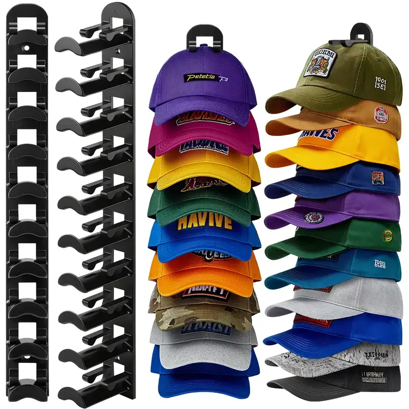 2 Pack Wall-Mounted Baseball Cap Organizer, Holds Up to 20 Caps, Black/White Rack with Strong Adhesive & Wall-Drilled Options, Multilayer Easy-Access Hook for Door/Bedroom Closet Display