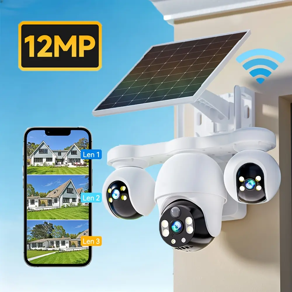 V380 12MP Outdoor Solar Powered Security Monitoring 2.4GHz CCTV Camera, Triple Lens AndScreens All-in-One, 360° No Blind Spot PTZ, Color Night Vision, Humaniod Detection, LightAnd Sound Alarm, Alarm Push, Long Battery Life, Local/Cloud Storage
