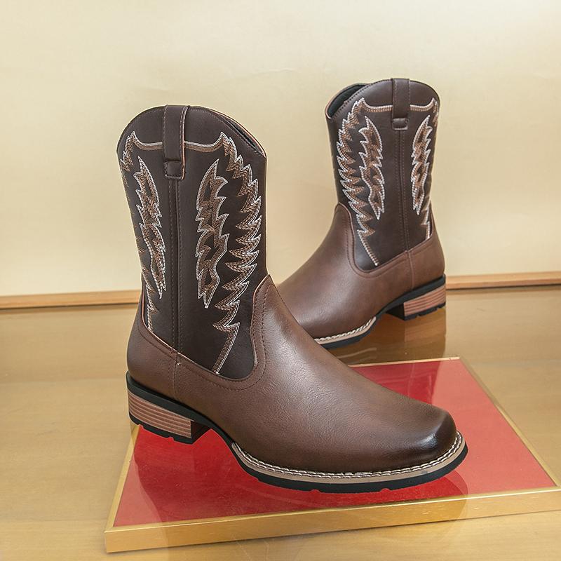 Men's Hand Embroidered Western Cowboy Boots, Vintage Brown/Black Wing Embroidery, European American Ethnic Style, Anti-Slip Sole, Closed Toe Fashion Footwear,mid-calf men
