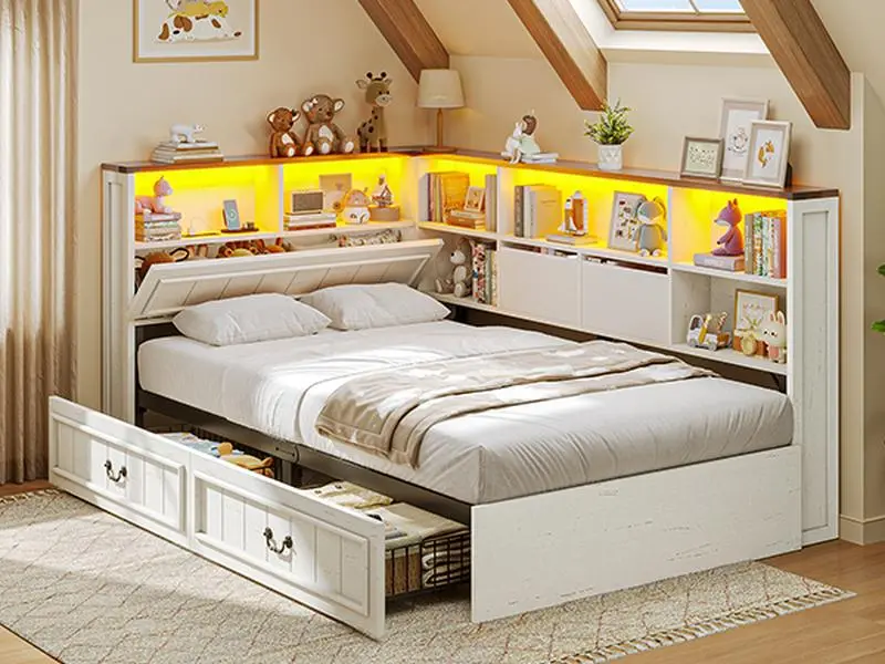 AOGLLATI Full Corner Bed Frame with Storage Drawers and Bookcase Hidden Headboard Farmhouse Led Wood Daybed with Charging Station