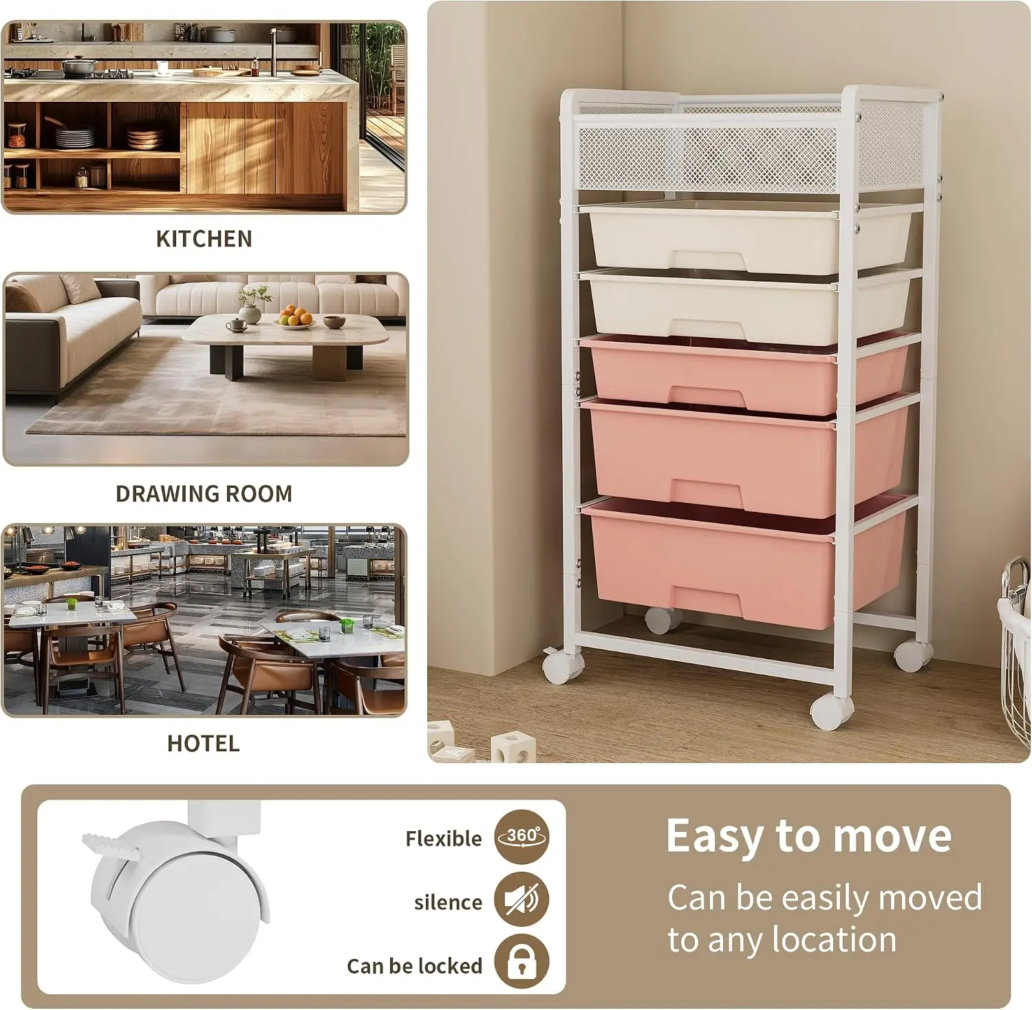 Rolling Craft Cart with Wheels and 5 Drawers, Art Cart Organizer and Storage, Rolling Storage Cart for Organizing Crafts, Yarn, Toys, School Supplies, etc