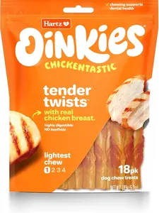 Delicious Hartz Oinkies Tender Twists - 18 Count Chicken Breast Dog Chews, Rawhide-Free & Digestible